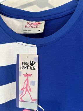 Pink Panther Half-Stripe Graphic Split Tee Blue & White short sleeve men medium